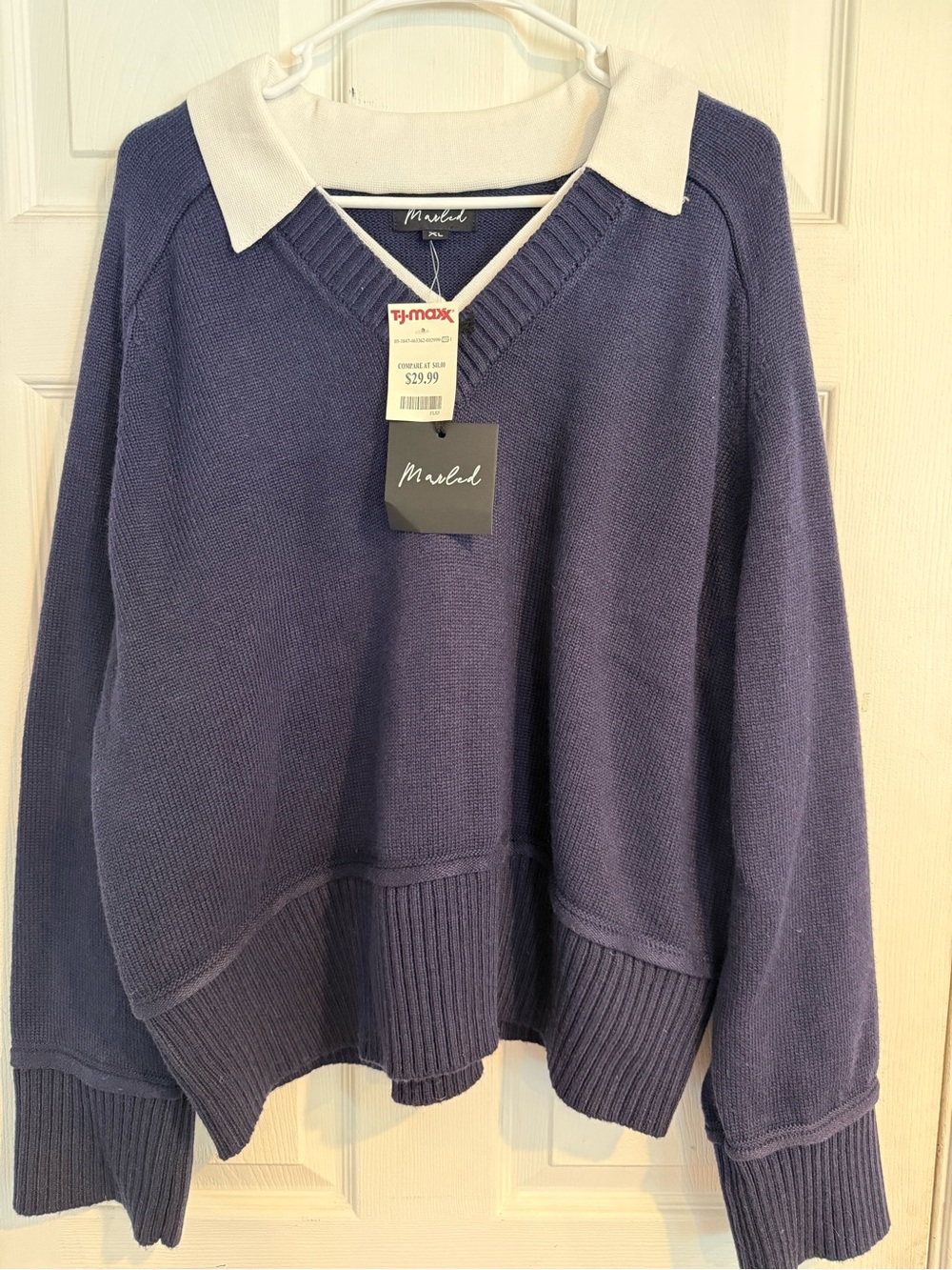 Marled Navy V-Neck Sweater with Cream Collar